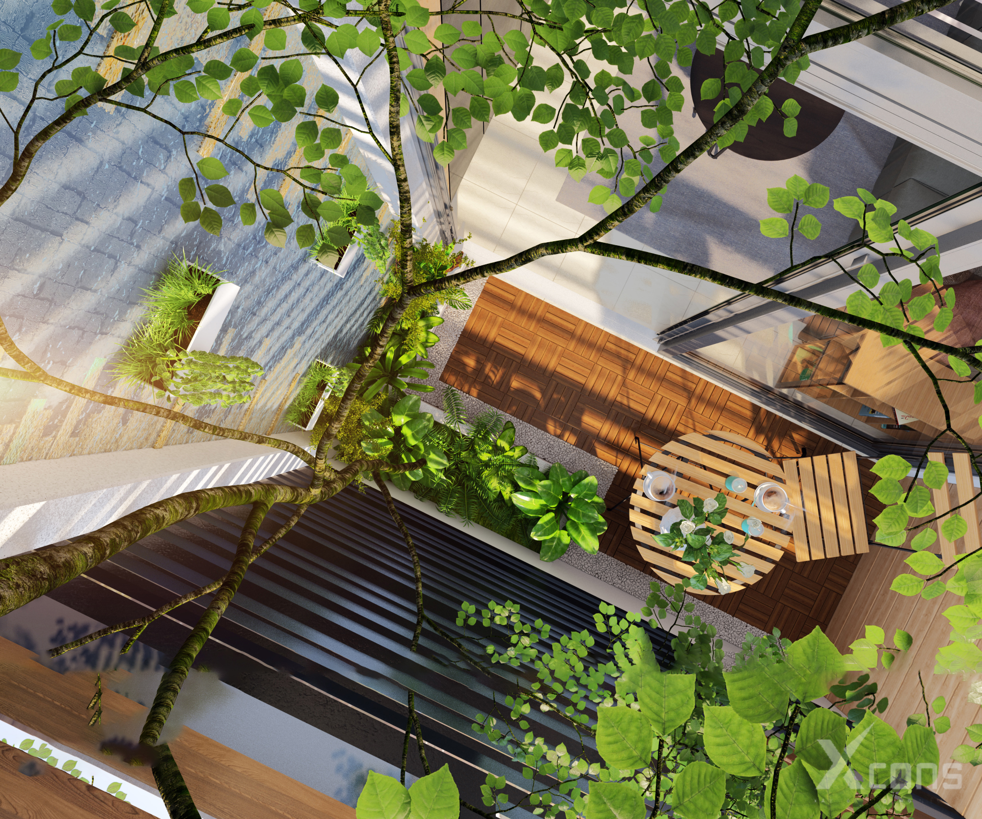 Thiết kế sân vườn tầng một giúp điều hòa không khí và tạo cảm giác mát mẻ